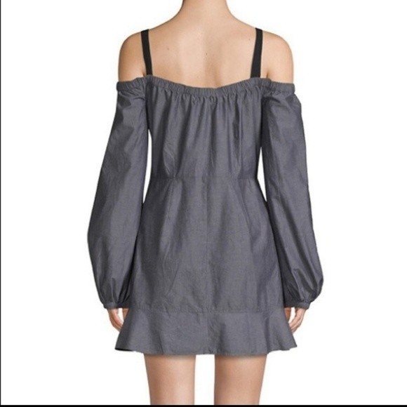 New Lovers + Friends Chance Cold Shoulder Chambray Ruffled Faux Wrap Mini Dress - Picture 9 of 14